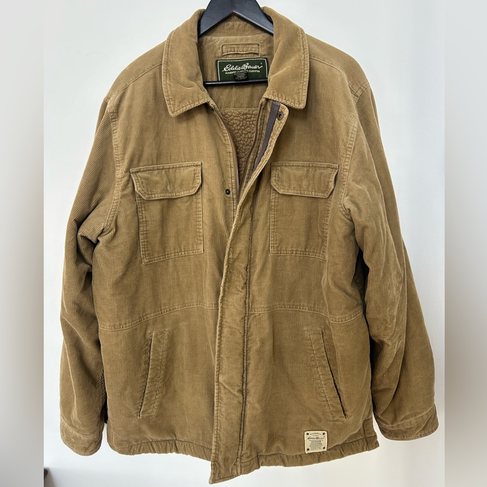 Eddie Bauer Corduroy Chore Coat Mens Large Tan Sherpa Lined Workwear Jacket